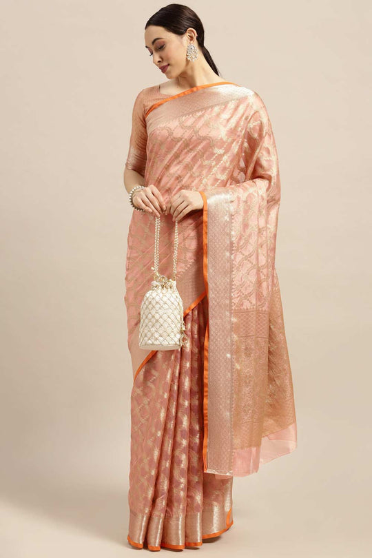 Tatiana Orange Silk Blend Banarasi Floral One Minute Saree