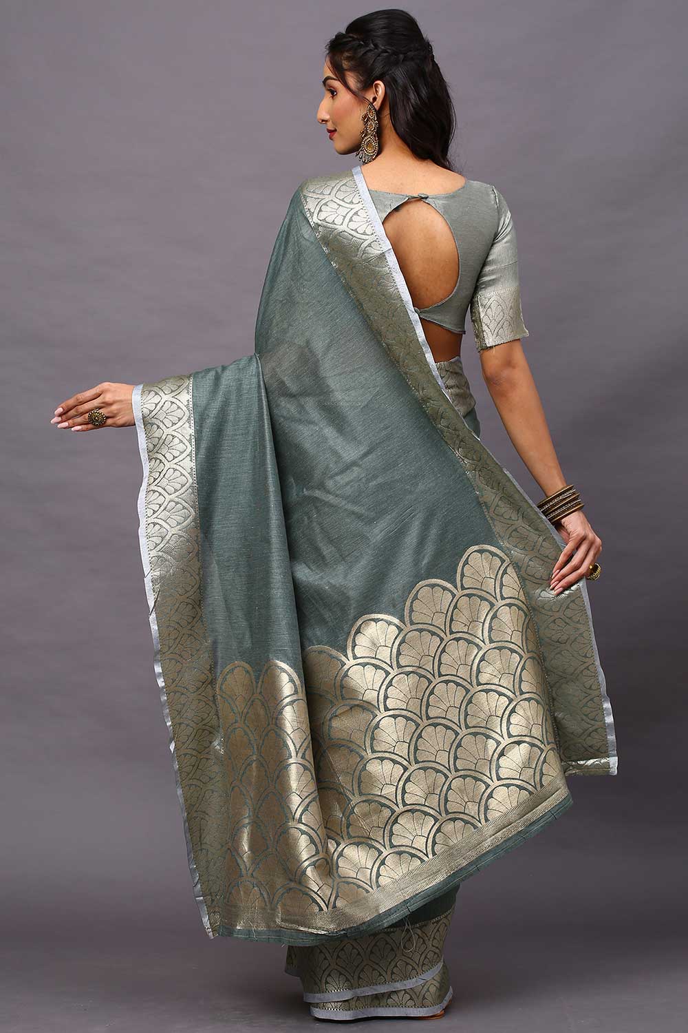 Buy Linen Blend Floral Saree in Sea Green Online - Back