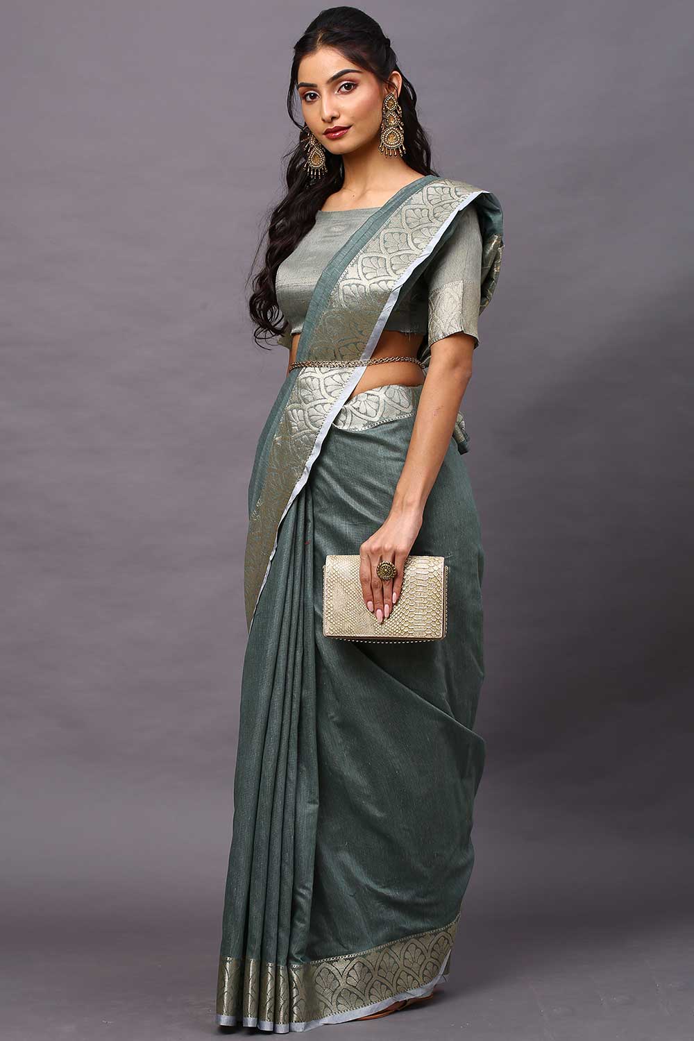 Buy Linen Blend Floral Saree in Sea Green Online - Zoom In