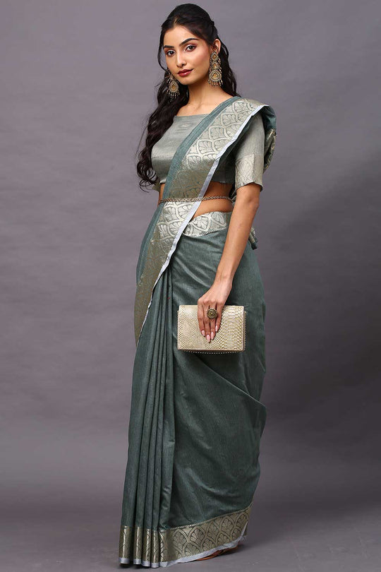 Buy Linen Blend Floral Saree in Sea Green Online - Zoom In
