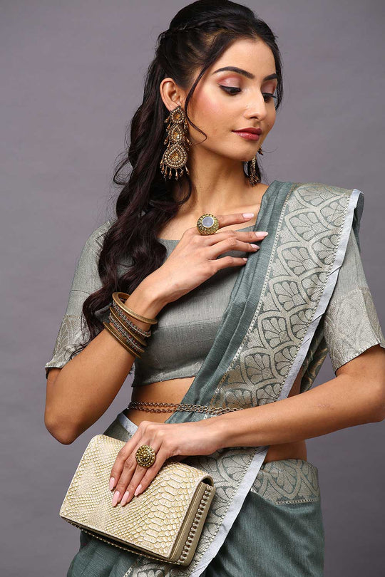 Buy Linen Blend Floral Saree in Sea Green Paatern Design