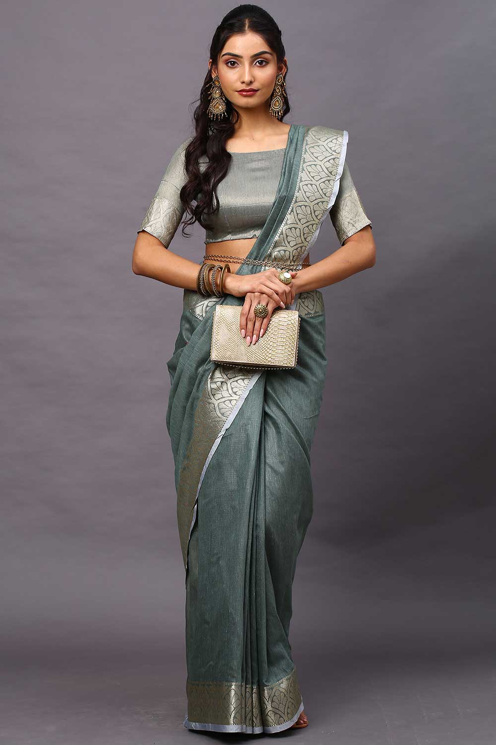 Buy Linen Blend Floral Saree in Sea Green Online