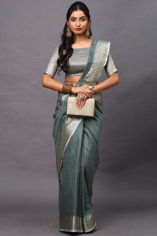 Buy Linen Blend Floral Saree in Sea Green Online
