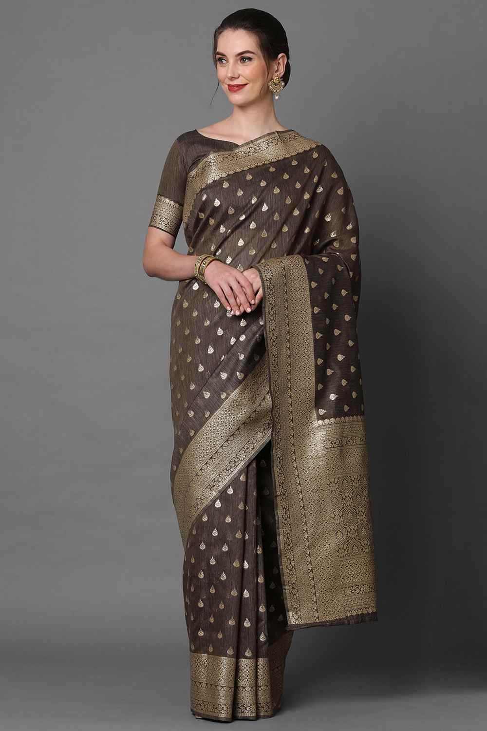Buy Brown Woven Art Silk One Minute Saree