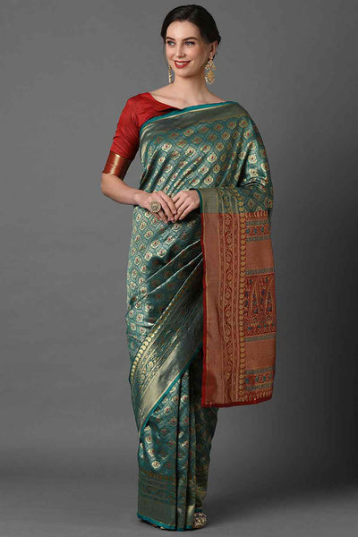 Buy Teal Blue Woven Art Silk One Minute Saree