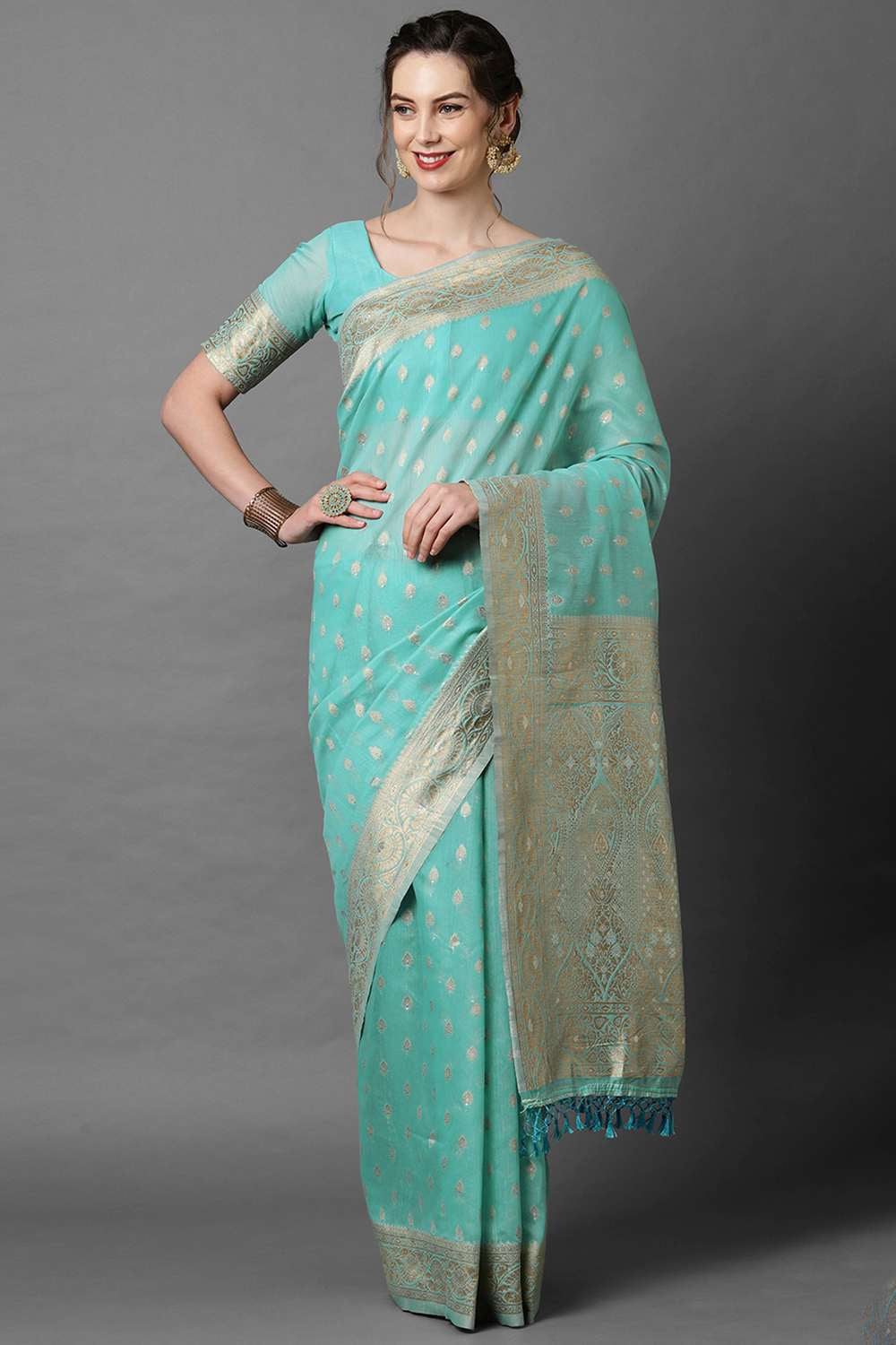 Buy Sky Blue Woven Art Silk One Minute Saree