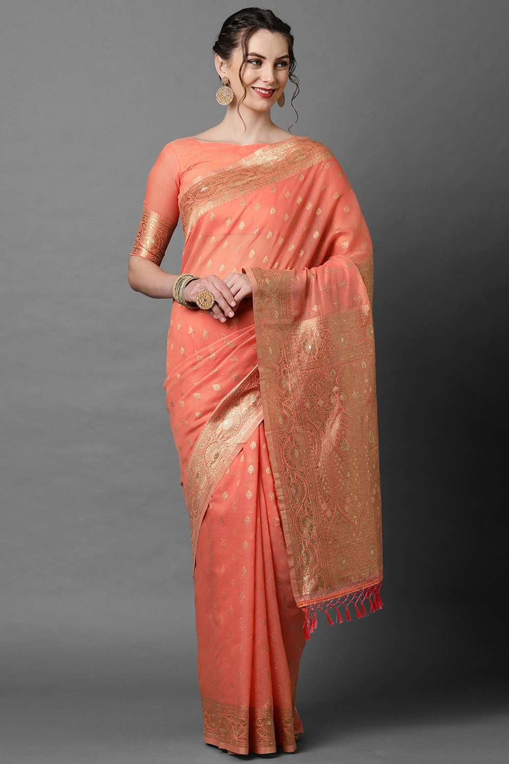 Buy Peach Woven Art Silk One Minute Saree