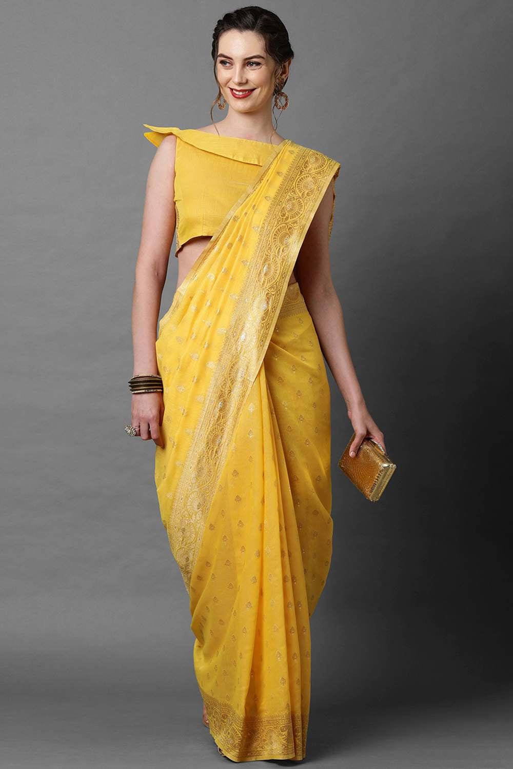 Buy Yellow Woven Art Silk One Minute Saree