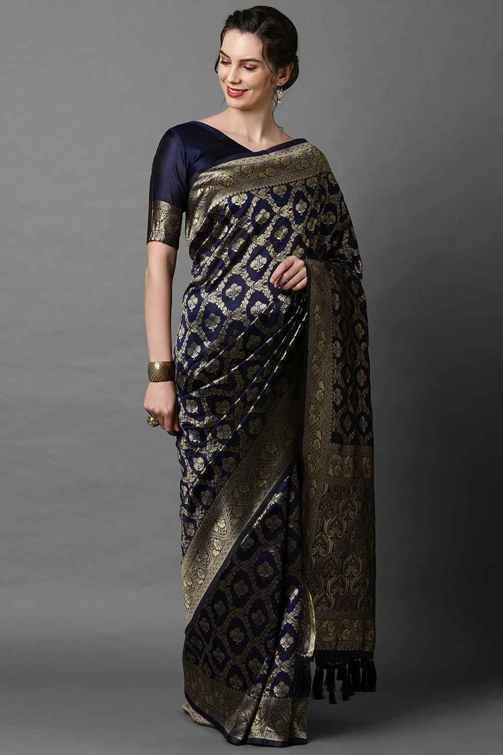Buy Navy Blue Woven Art Silk One Minute Saree