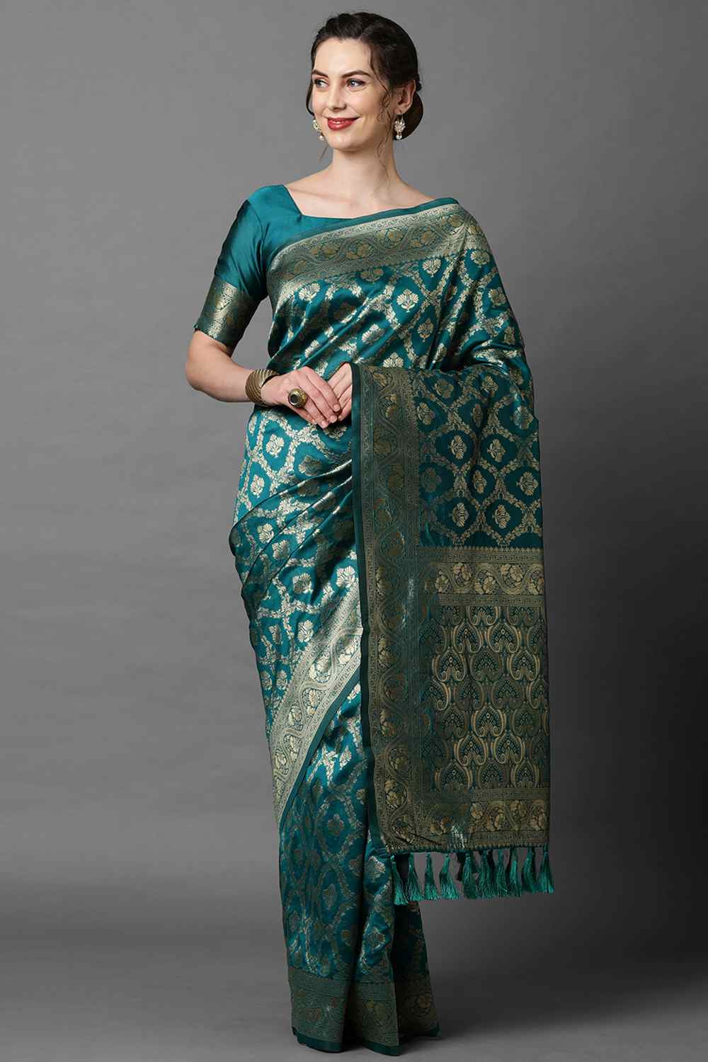Buy Teal Blue  Woven Art Silk One Minute Saree