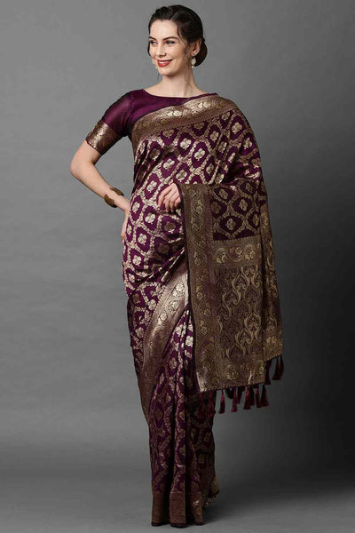 Buy Wine Woven Art Silk One Minute Saree