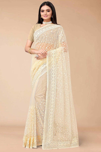 Aisha Beige Net Floral Embroidered One Minute Saree