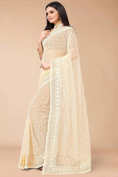 Aisha Beige Net Floral Embroidered One Minute Saree