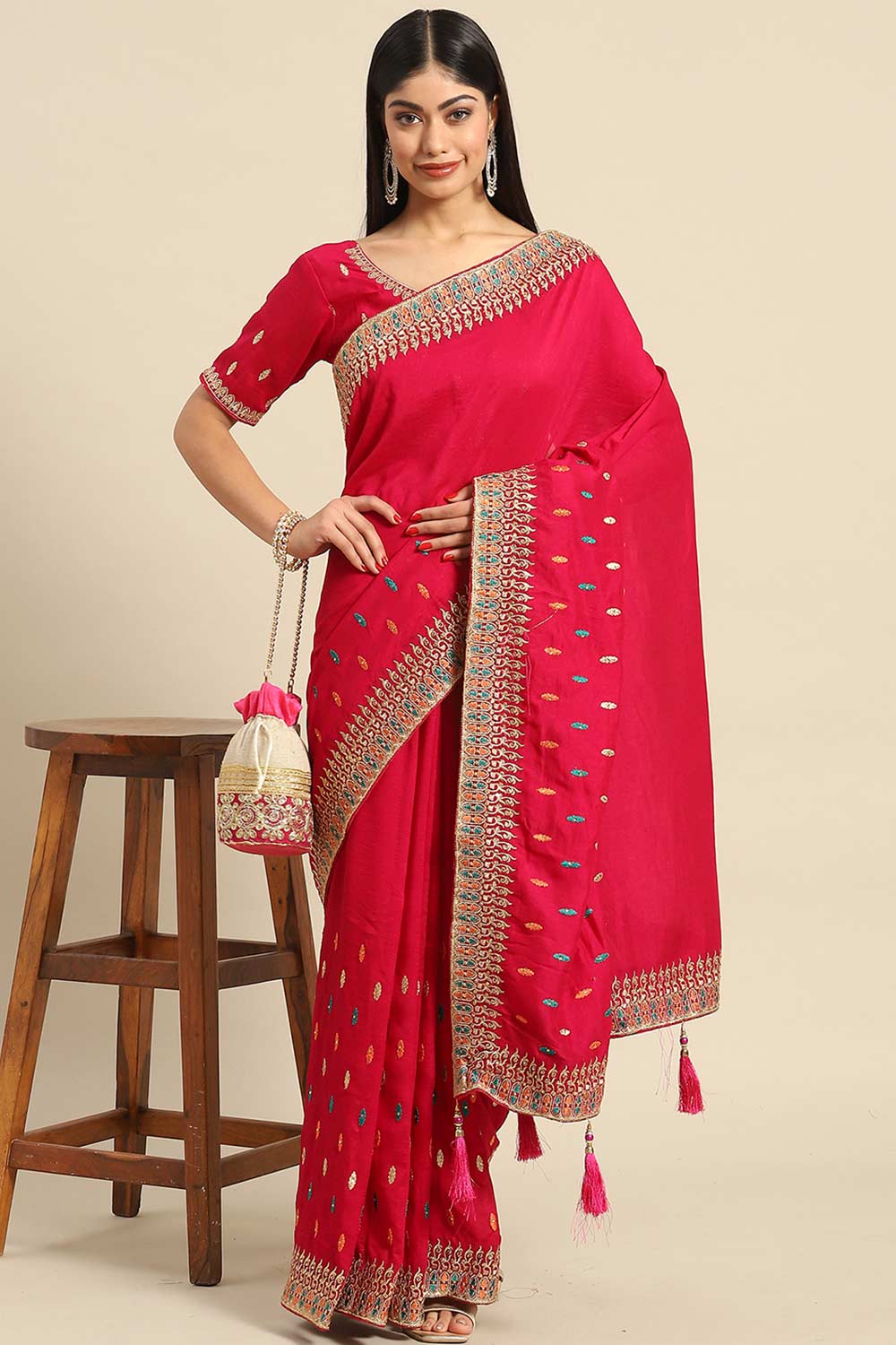 Buy Pink Art Silk Embroidered Embroidered One Minute Saree Online