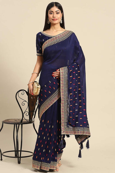 Buy Navy Blue Art Silk Embroidered Embroidered One Minute Saree Online