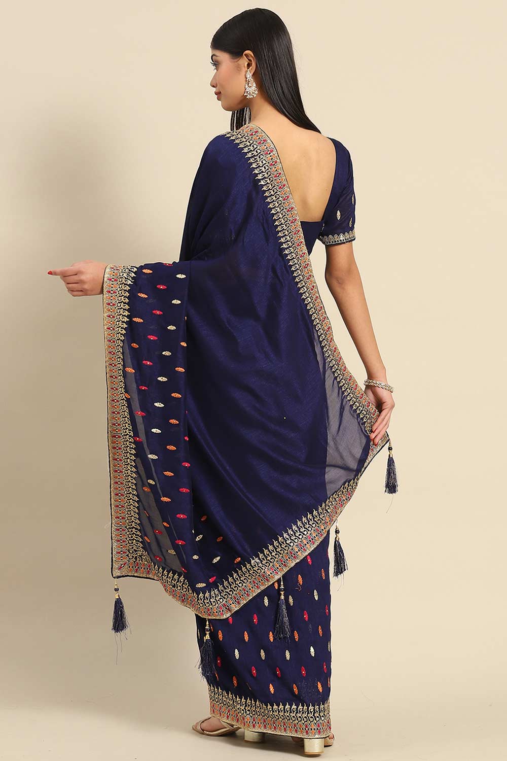 Buy Navy Blue Art Silk Embroidered Embroidered One Minute Saree Online - Back