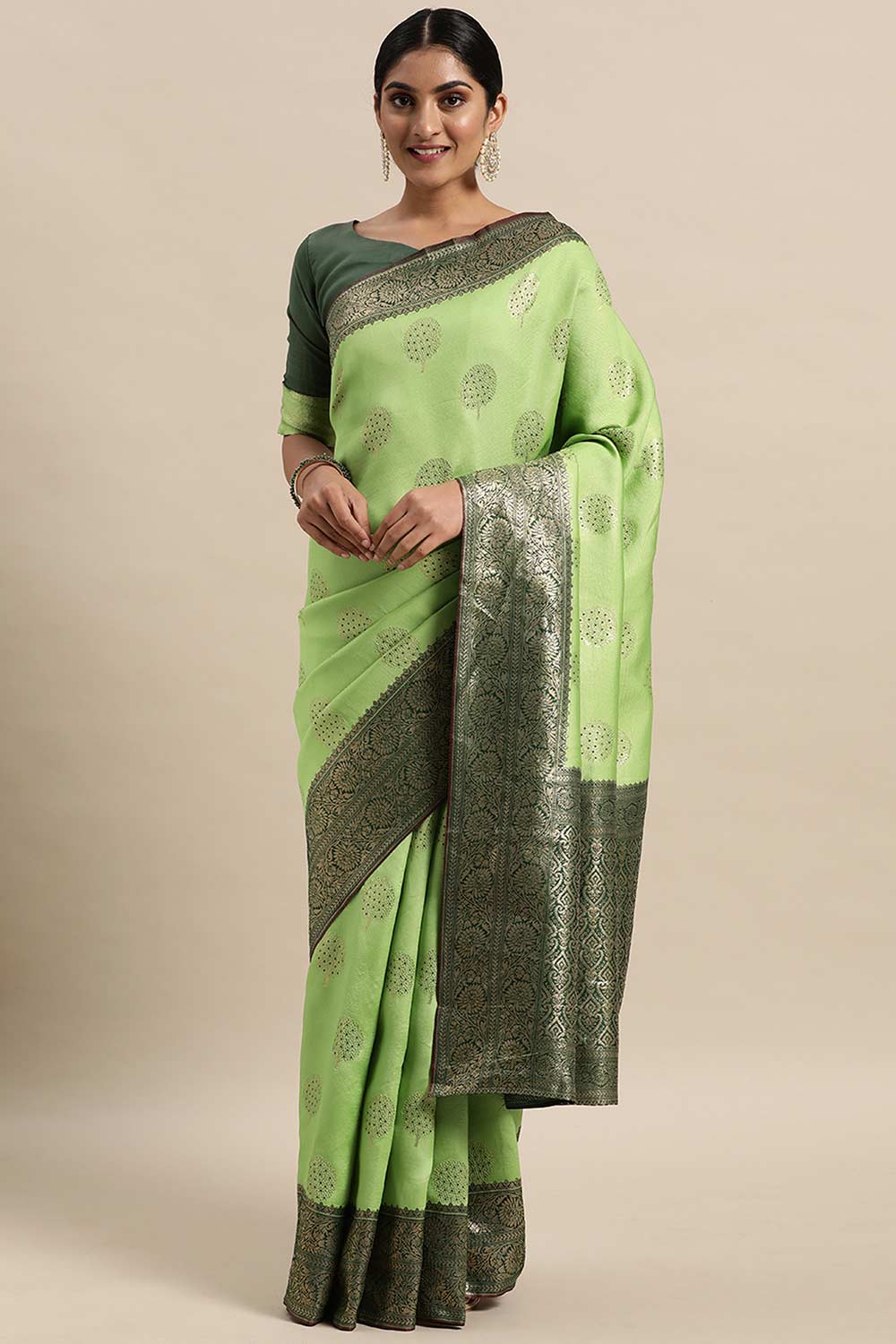 Yuli Green Silk Blend Floral Woven Design Banarasi One Minute Saree