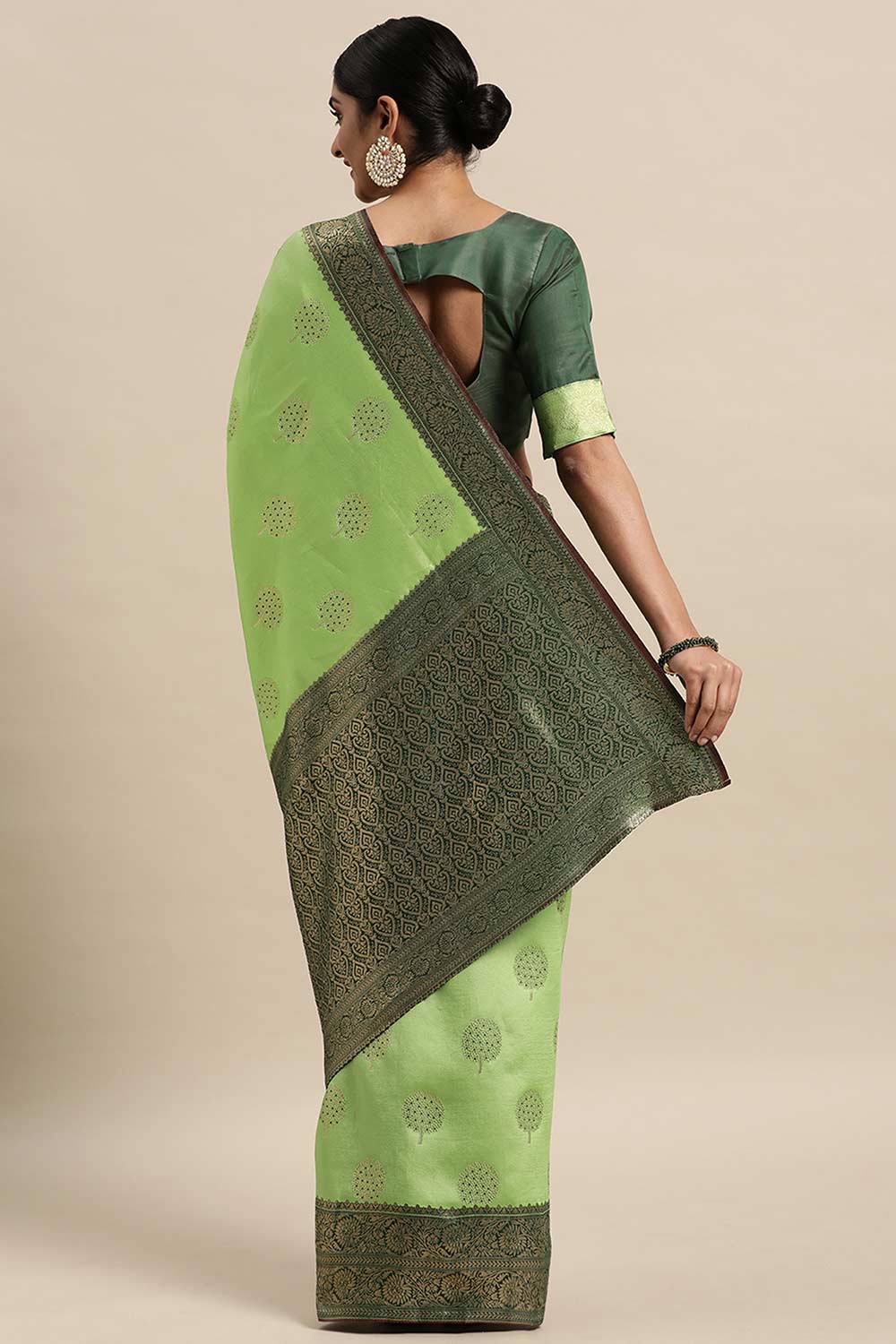 Yuli Green Silk Blend Floral Woven Design Banarasi One Minute Saree