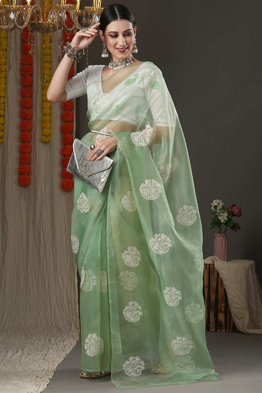 Selena Olive Organza Bagh Embroidered Banarasi One Minute Saree