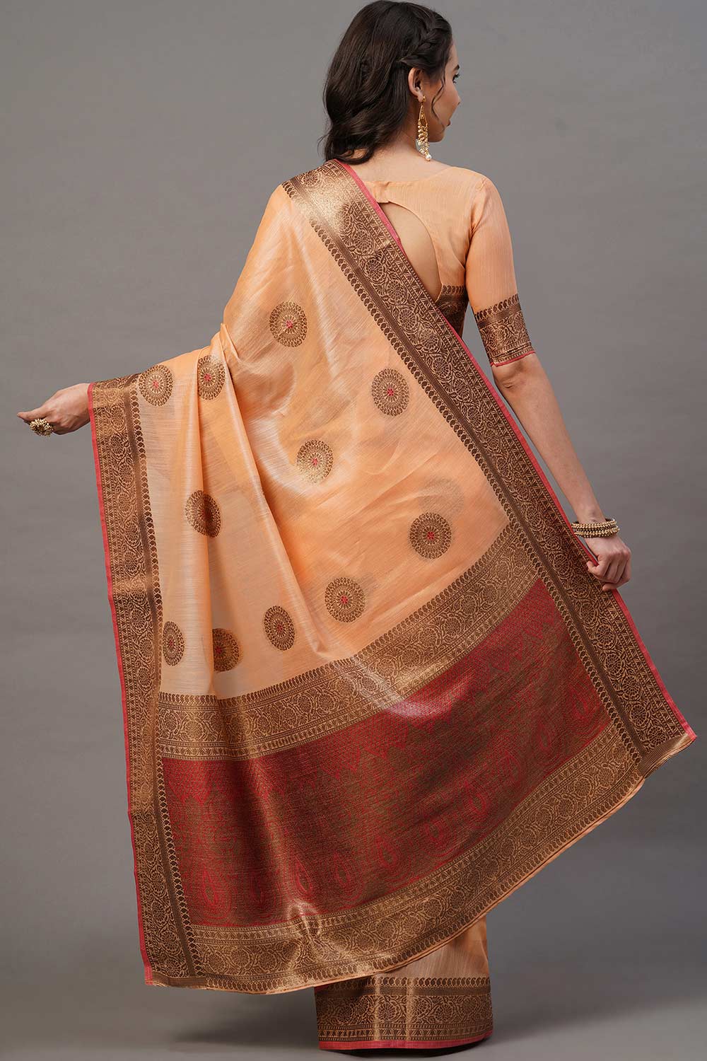Buy Peach Woven Blended Silk One Minute Saree Online - Back