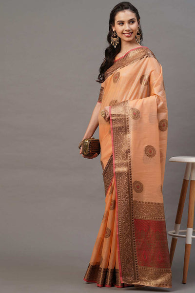 Buy Peach Woven Blended Silk One Minute Saree Online - Side