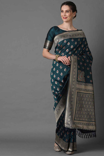 Buy Teal Blue Woven Art Silk One Minute Saree