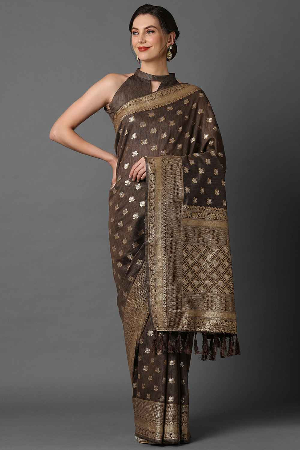Buy Brown Woven Art Silk One Minute Saree