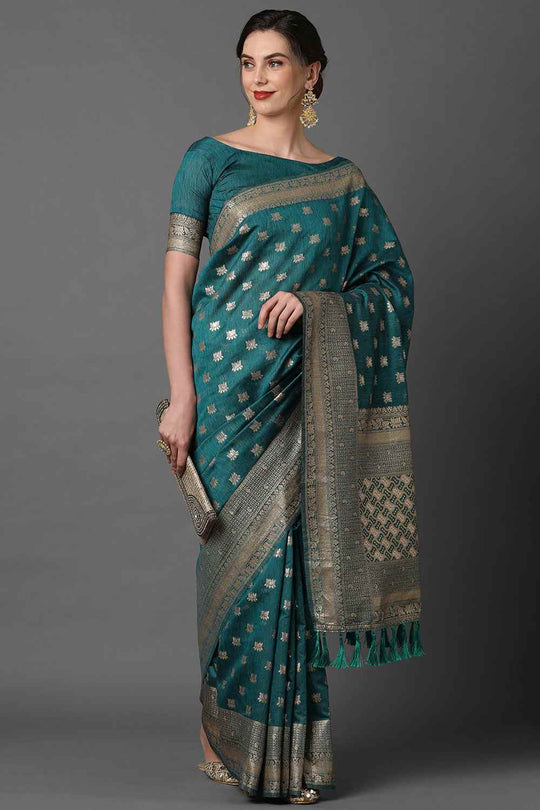 Buy Teal Blue  Woven Art Silk One Minute Saree