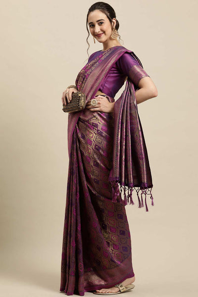 Buy Wine Zari Woven Silk Blend One Minute Saree Online - Zoom In