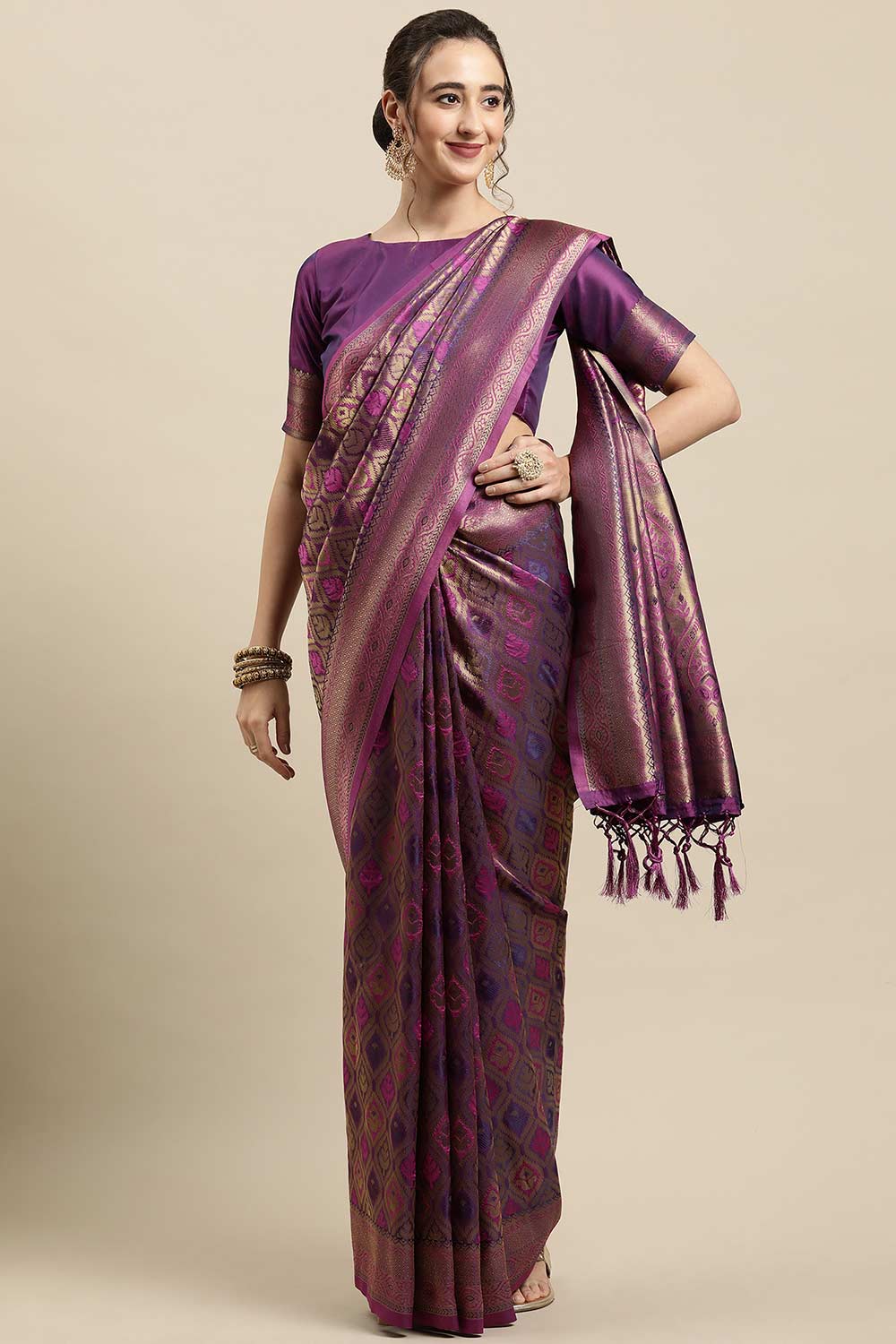 Buy Wine Zari Woven Silk Blend One Minute Saree Online