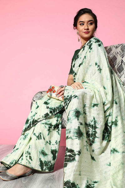 Buy Silk Blend Tie and Dye Saree in Green Online - Zoom In
