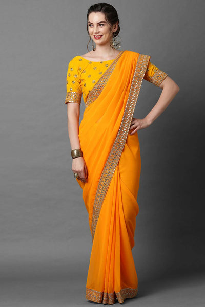 Buy Yellow Solid and Lace Georgette One Minute Saree