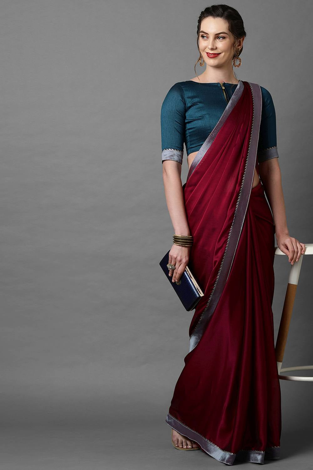 Buy Maroon Solid and Lace Georgette One Minute Saree