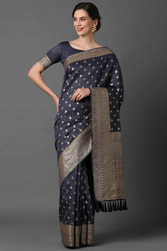 Buy Navy blue Woven Art Silk One Minute Saree