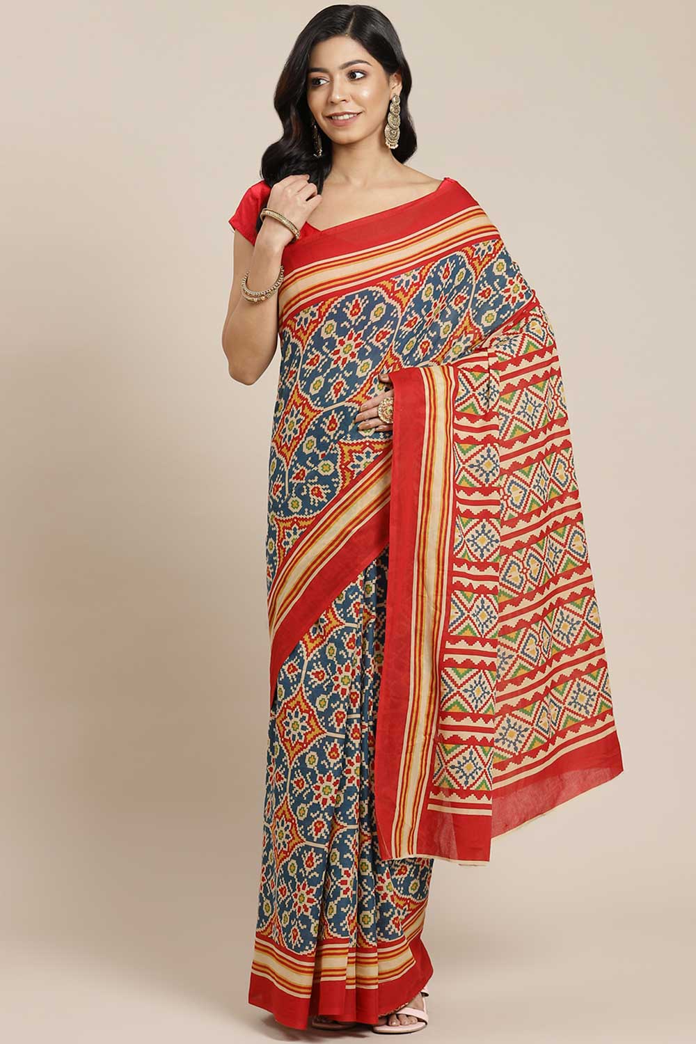 Buy Red Ikkat Block Printed Blended Cotton One Minute Saree Online