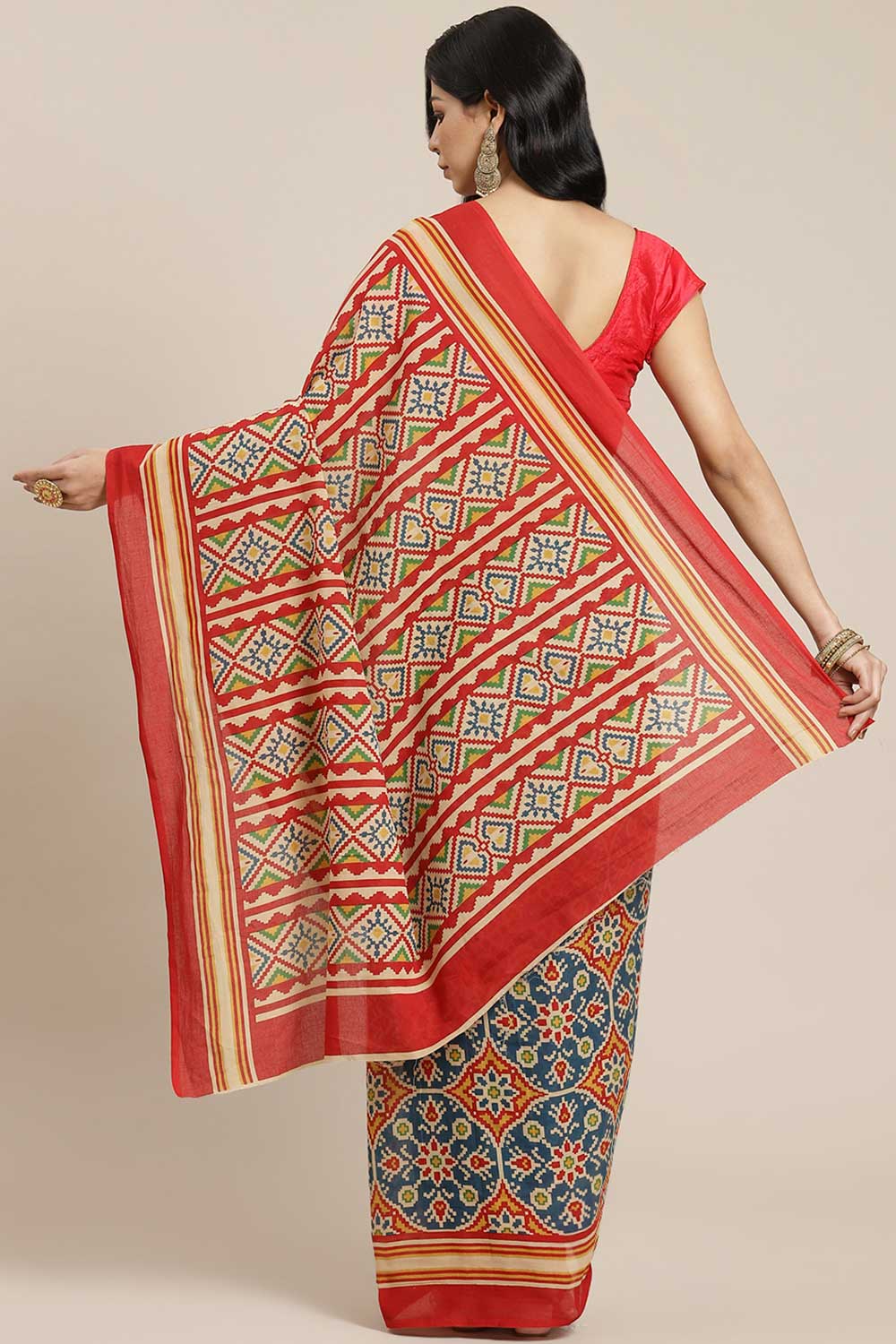 Buy Red Ikkat Block Printed Blended Cotton One Minute Saree Online - Back