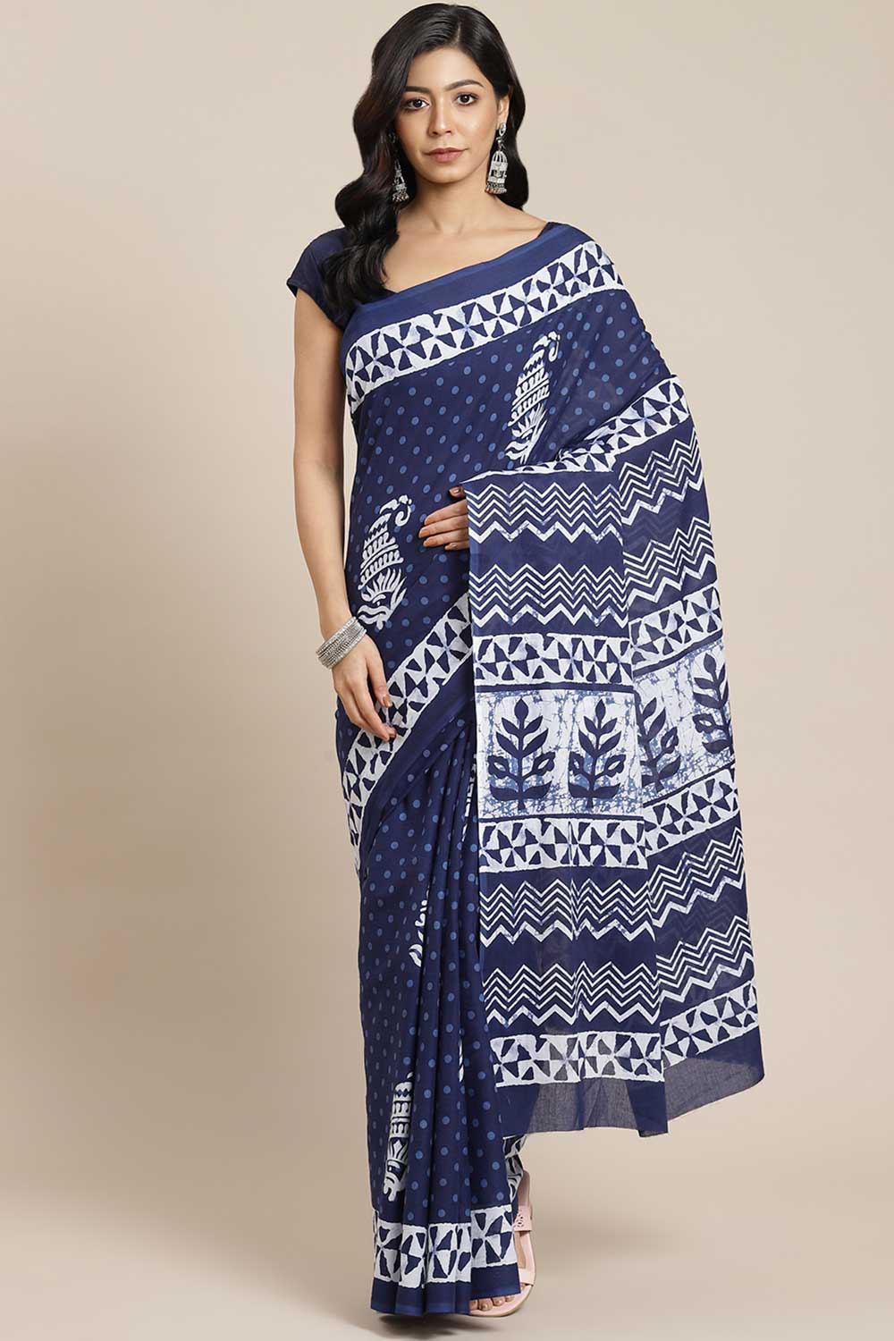 Buy Blue Batik Block Printed Blended Cotton One Minute Saree Online