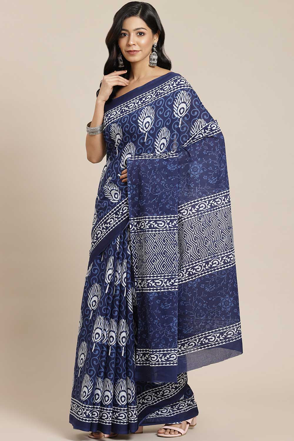 Buy Blue Batik Block Printed Blended Cotton One Minute Saree Online