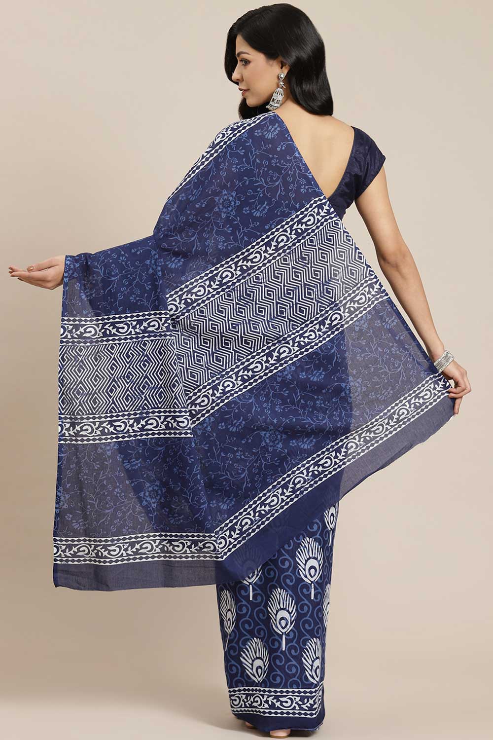 Buy Blue Batik Block Printed Blended Cotton One Minute Saree Online - Back