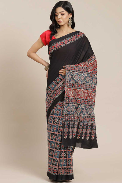 Buy Black Block Printed Blended Cotton One Minute Saree Online