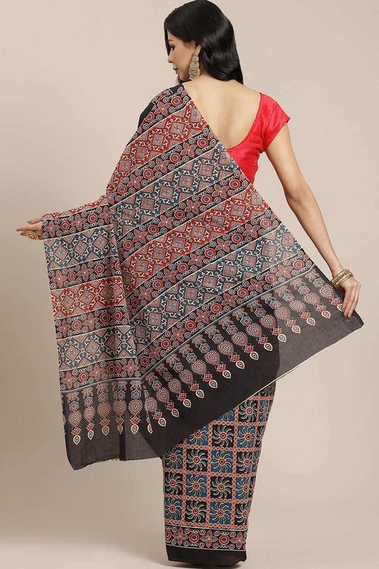 Buy Black Block Printed Blended Cotton One Minute Saree Online - Back