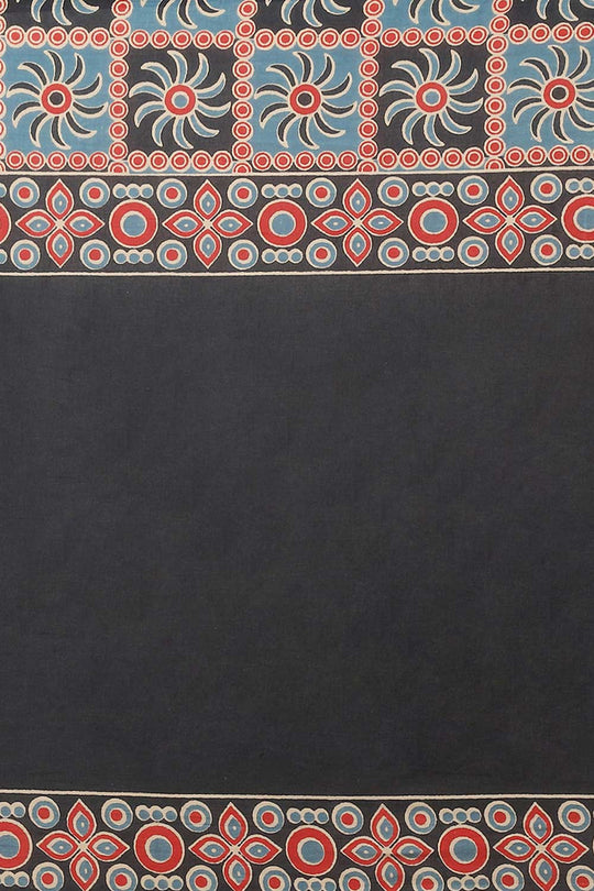 Buy Black Block Printed Blended Cotton One Minute Saree Online - Front