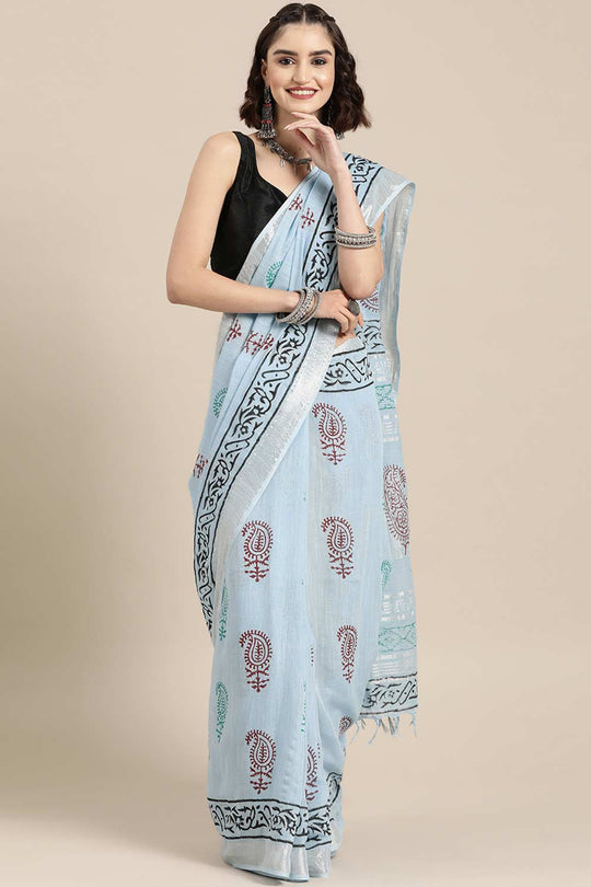 Buy Sky Blue Block Printed Linen One Minute Saree Online