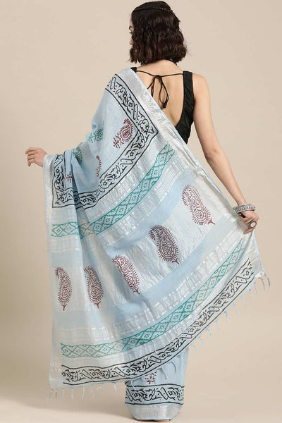 Buy Sky Blue Block Printed Linen One Minute Saree Online - Back