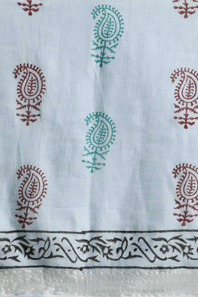 Buy Sky Blue Block Printed Linen One Minute Saree Online - Front