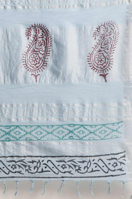 Buy Sky Blue Block Printed Linen One Minute Saree Online - Side