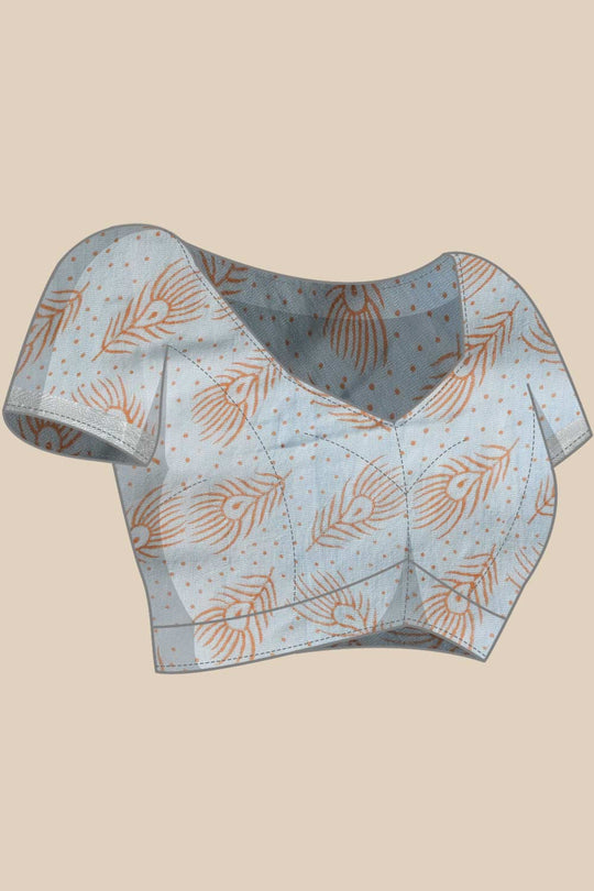 Buy Sky Blue Block Printed Linen One Minute Saree Online - Zoom In