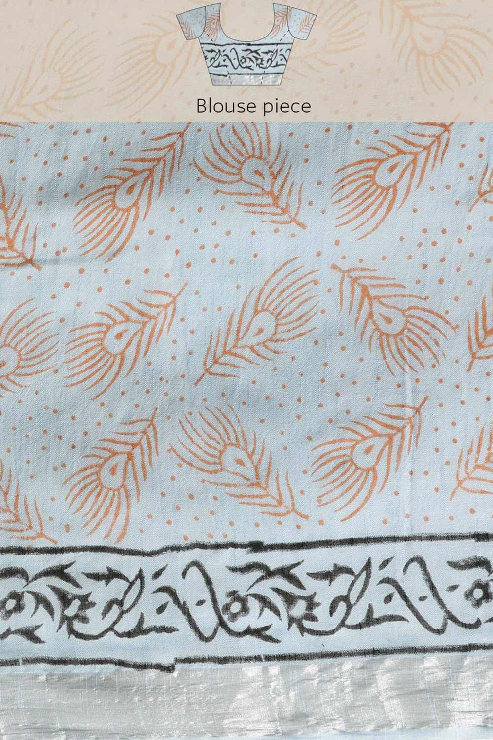 Buy Sky Blue Block Printed Linen One Minute Saree Online - Zoom Out