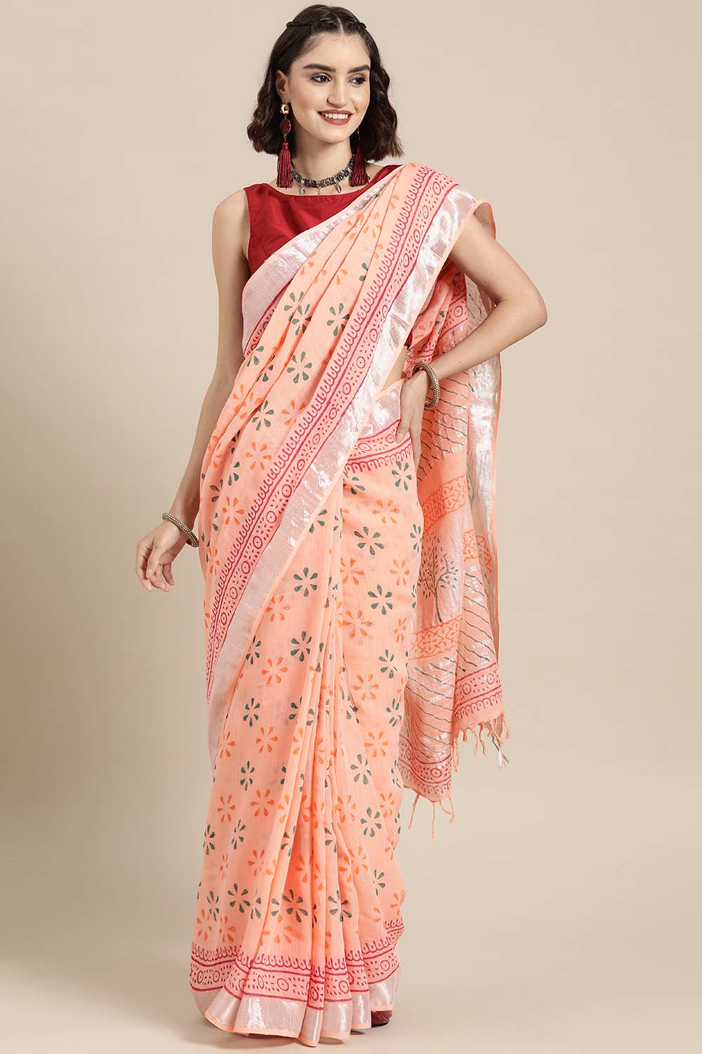 Buy Peach Block Printed Linen One Minute Saree Online