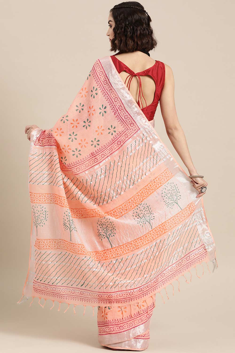 Buy Peach Block Printed Linen One Minute Saree Online